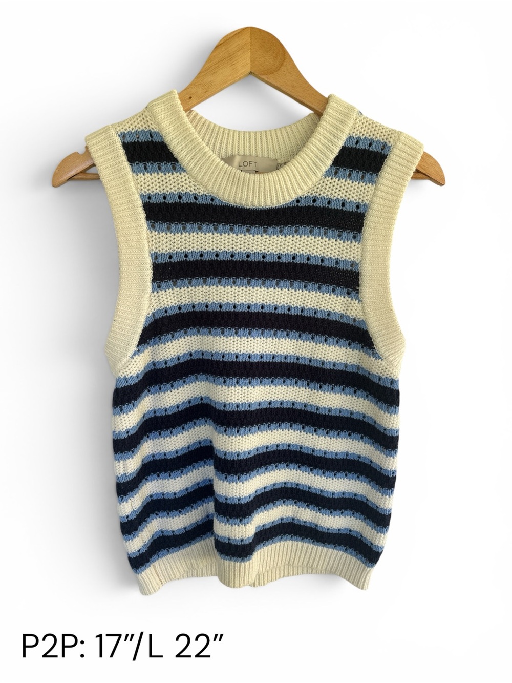 LOFT Cream and Navy Blue Striped Sleeveless Sweater Vest